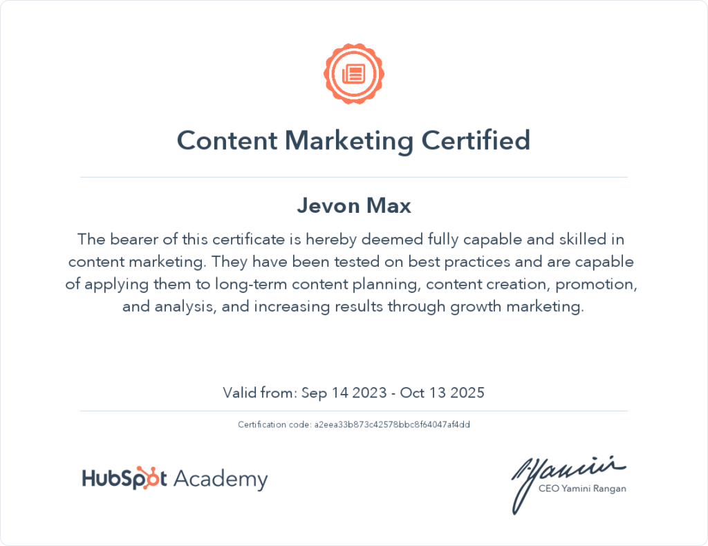 Jevon HubSpot Content Marketing Certification
