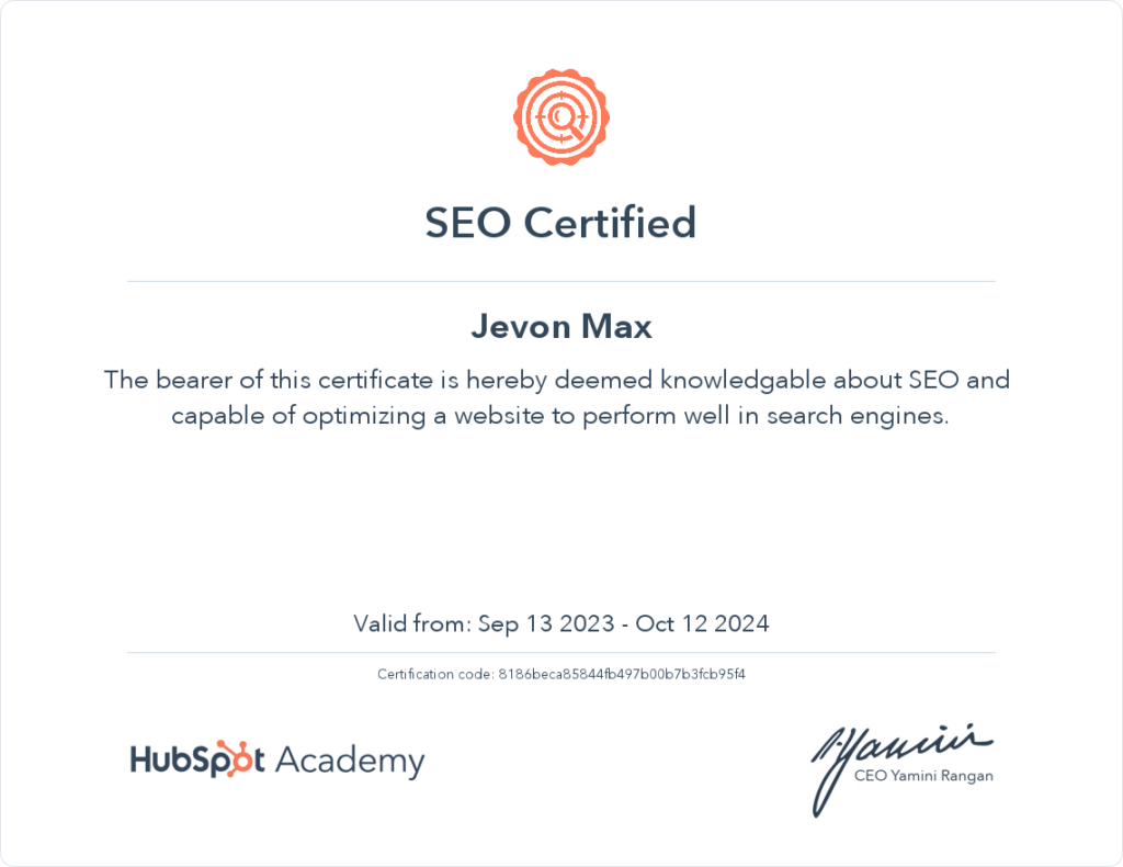 Jevon HubSpot SEO Certification