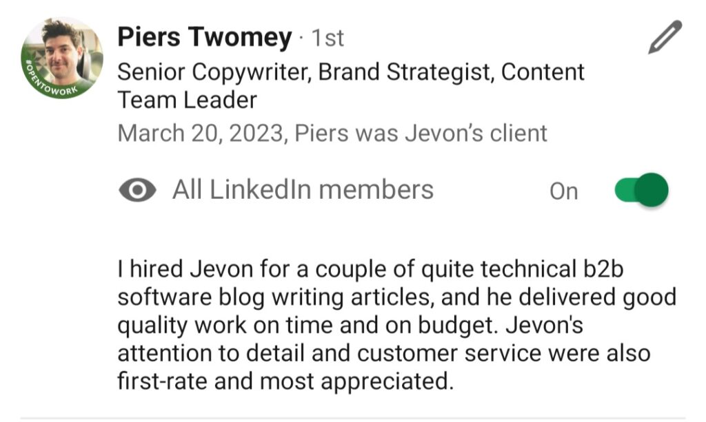 Jevon Linkedin Recommendation