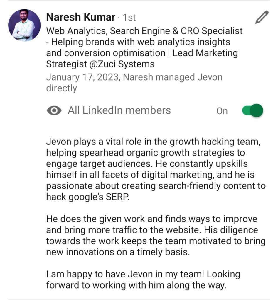 Jevon Linkedin Recommendation