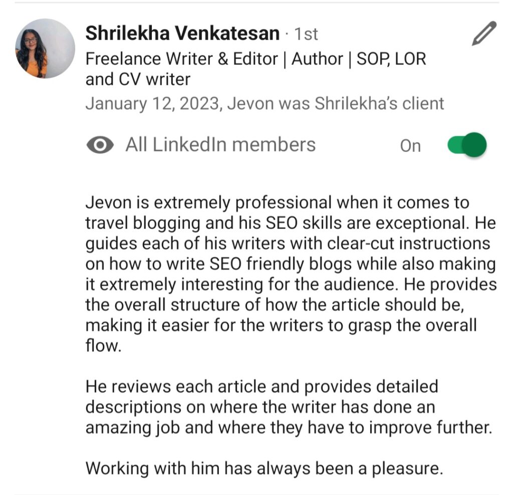 Jevon Linkedin Recommendation